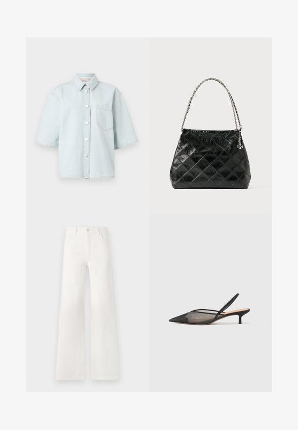 Light blue denim short-sleeve shirt with a button placket, single chest pocket, and visible stitching detail. Smooth texture.; White, high-waisted wide-leg jeans made of denim. Features a button closure, two front pockets, and side seams with stitching details.; NEOUS IRENA - Classic heels - black; Black quilted leather handbag with a silver chain handle, featuring a structured design and smooth texture.