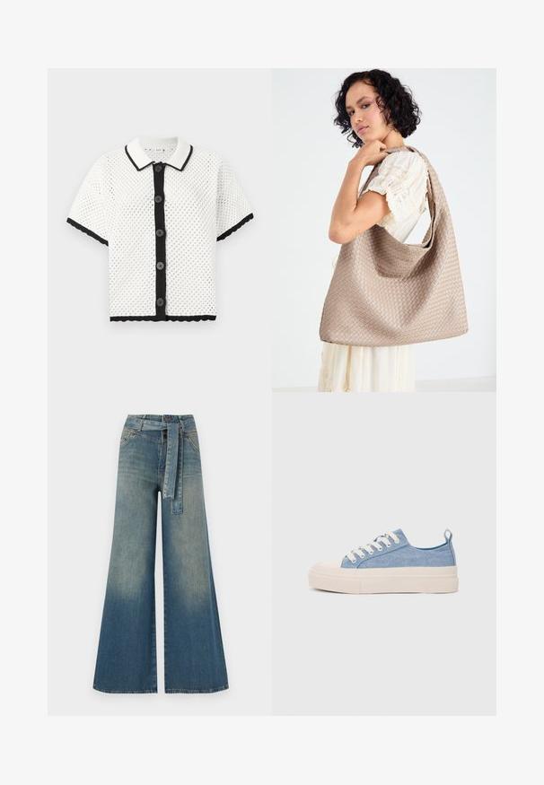 Baltas trumpas rankovėmis mezginys kardiganas su perforuota struktūra, juodais apvadais ir šešiais juodais mygtukais priekyje. Banguota apačia pabrėžia kraštus.; Platus džinsinis kelnes su šviesiai tamsiai mėlynu gradientu, aukštu juosmeniu, diržo kilpomis ir atitinkančiu audinio diržu. Textūruotas džinsinis paviršius.; Šviesiai mėlyni drobės sportbačiai su kreminiu guminiu pirštų apsaugos ir pado elementu, balti raišteliai ir kilpa ant kulno.; Austintas šviesiai rudas pirkinių krepšys su prislėgtu dizainu ir vienu peties diržu. Paviršiuje matomas tekstūrinis raštas.