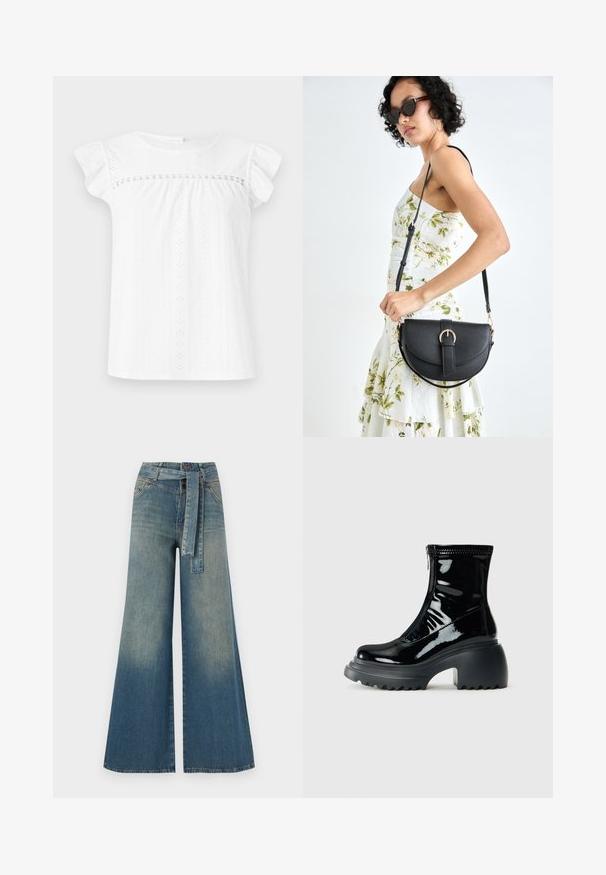 Hvit kortermet topp laget av teksturert stoff med hullmønster. Har en rynket bodice og volanger på ermene, noe som skaper en avslappet silhuett.; Bredde ben jeans med en lyseblå til mørkeblå gradient, høyt liv, beltehemper og et matchende belte i samme stoff. Teksturert denimoverflate.; Glanset svart plattform ankelstøvlett med rund tå, kraftig hæl, glidelås og tykk rillelagt såle mot en hvit bakgrunn.; Svart lærveske med en buet form, avtagbar stropp og gullbeslag. Vesken har et klaff med spenne-detall.