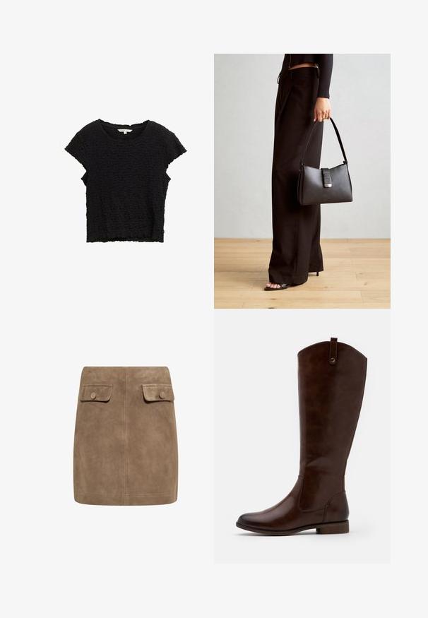Čierne tričko s krátkym rukávom vyrobené z texturovanej látky s pokrčeným vzhľadom. Má okrúhly výstrih a voľný strih s nerovným lemom.; Hnedá semišová mini sukňa s hladkou textúrou, ktorá má dva predné vrecká s klopou a gombíkové zapínanie na každej strane. Jednoduchý, rovný dizajn.; Hnedé čižmy po kolená vyrobené z hladkej kože, s okrúhlou špičkou, nízkym zúženým podpätkom a jemným prešívaním pozdĺž strán.; Čierna kabelka so štruktúrovaným tvarom, hladkou textúrou a kovovou sponou. V kombinácii so širokými čiernymi nohavicami a sandálmi s otvorenou špičkou na drevenej podlahe.