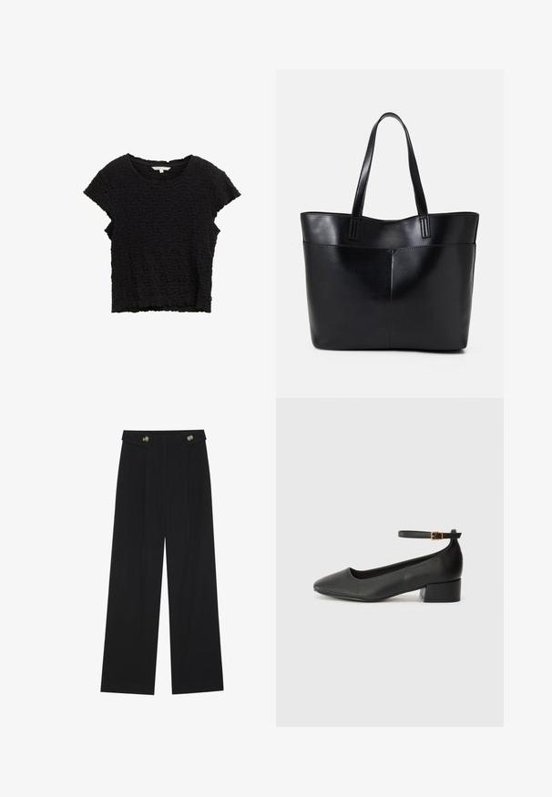 Top nero a maniche corte realizzato in un tessuto testurizzato con un aspetto stropicciato. Presenta un colletto rotondo e una vestibilità ampia con un orlo irregolare.; Pantaloni neri a gamba larga con vita alta, dettagli con bottoni in vita e pieghe frontali.; Pump in pelle nera con punta affusolata e tacco basso a blocco. Presenta una cinghia alla caviglia con una fibbia in tonalità oro. Texture liscia.; Borsa a tracolla in pelle nera con due manici lunghi, una texture liscia e una forma strutturata. Presenta una tasca frontale per ulteriore spazio di archiviazione.