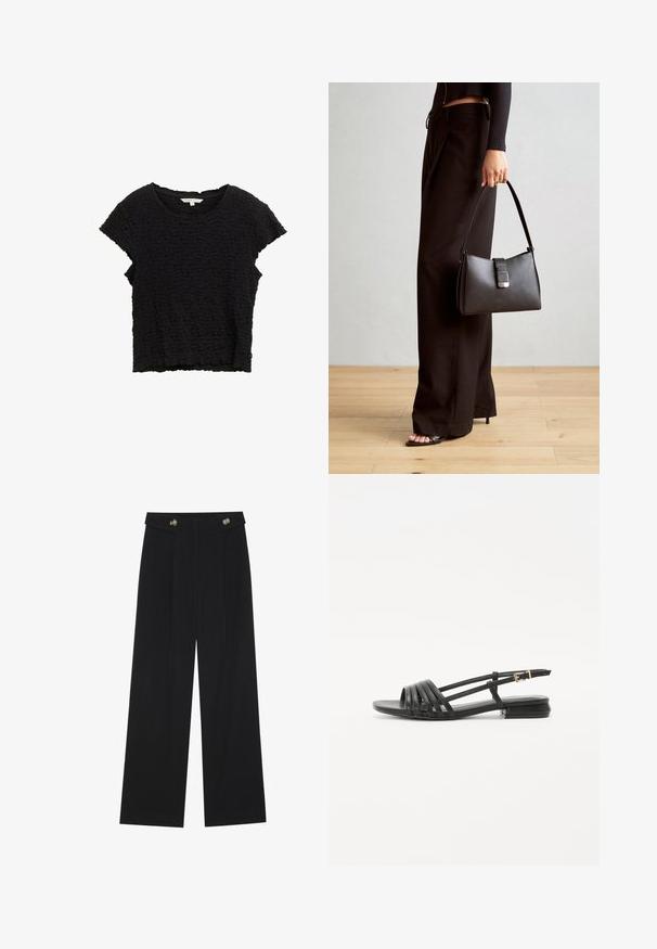 Top scurt negru cu mâneci scurte, realizat dintr-un material texturat cu un aspect increțit. Prezintă un decolteu rotund și o croială lejeră, cu o margine inegală.; Pantaloni negri cu picioare largi, talie înaltă, detalii cu butoane pe talie și pliseuri în față.; Sandale negre plate cu un design cu curele, având mai multe curele din piele și o cataramă subțire pentru gleznă. Talpa este plată și rectangulară.; Genți negre cu o formă structurată, textură netedă și un închizător metalic. Asortată cu pantaloni negri largi și sandale cu vârf deschis pe un podea din lemn.