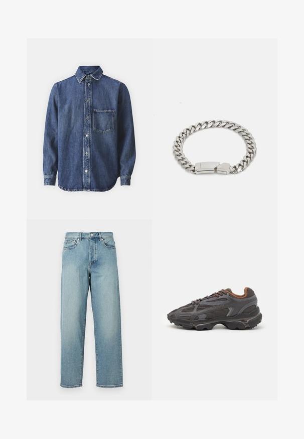 Denim särgid, tume sinine, nööbid ees, pikad varrukad, terav krae, üks rinnatasku, veidi kulunud tekstuur, nähtavad õmbluse detailid.; Heledad sinised teksad, mis on laia lõikega, sirged jalad, viie tasku disain ja nupuga kinnitamine vööl. Minimalistlik õmbluse detail.; Tumed hallid Lacoste tossud, mis on valmistatud võrkkangast ja sünteetilisest materjalist, omavad tekstureeritud talla ning pruune aktsente kaeluse ja brändingu juures.; Calvin Klein ELECTRIC - Käevõru - silver-coloured