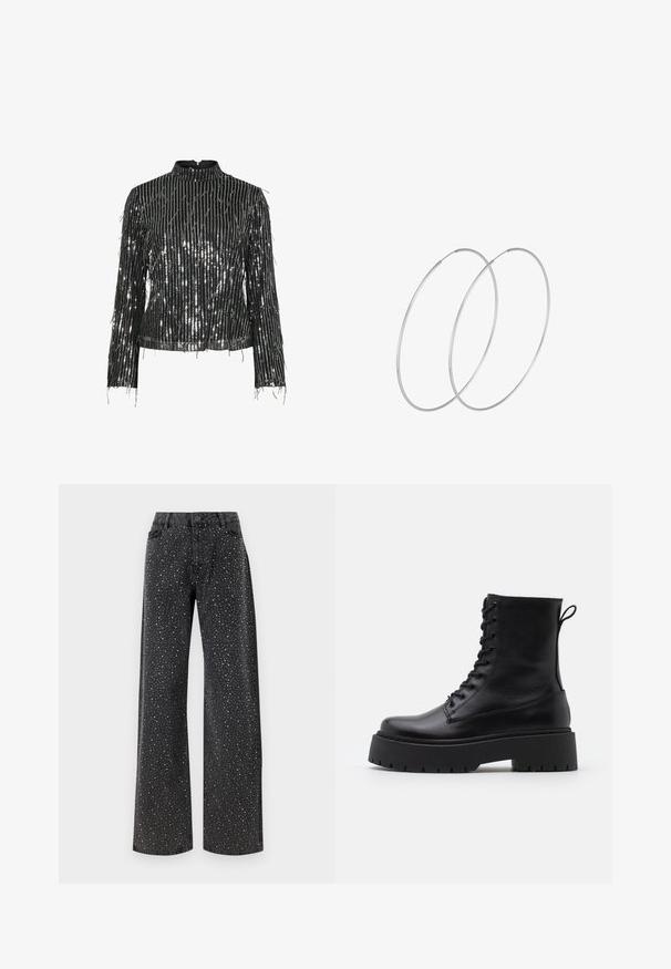 Black long-sleeve top with a high neck, featuring vertical metallic sequins and fringe detailing, creating a textured and reflective surface.; Noisy May NMJANNEL LOOSE - Relaxed fit jeans - black denim; Black leather ankle boots with a round toe, lace-up front, and a thick rubber sole featuring a textured tread. Pull tab at the back.; Silver hoop earrings with a minimalist design. Circular shape, smooth texture, and thin profile. Lightweight with a polished finish.