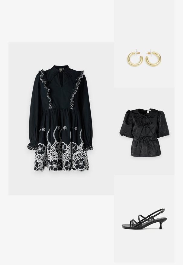 Černý top s krátkými puff rukávy, zdobený texturovaným květinovým vzorem a stahovacími šňůrkami v pase. Vyrobeno z lesklého materiálu s jemným třpytem.; Černé šaty s dlouhými rukávy, volánkovým límcem a vyšívanými bílými květinovými vzory na lemu. Klíčkový výstřih a detailem stahovaného pasu.; Černé sandály na podpatku s několika křížovými pásky. Hladký materiál, špičatá špička a úzký podpatek. Nastavitelný pásek kolem kotníku s přezkou.; Malá krémová kabelka s texturovaným povrchem, dlouhým nastavitelným popruhem, řetízkovým akcentem a klopou. Ozdobné detaily zlaté barvy.; Zlaté kruhové náušnice s hladkým, lesklým povrchem. Kruhový design s malým kolíčkem a průhledným záznamem pro bezpečné nošení.