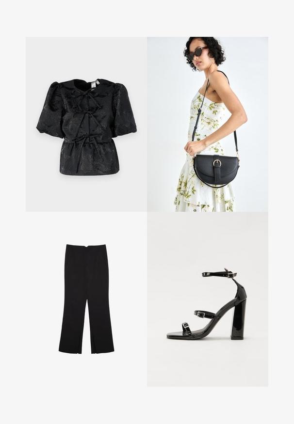 Črna majica s kratkimi pufastimi rokavi, ki ima teksturiran cvetlični vzorec in pas s vrvico za zategovanje. Narejena je iz sijočega materiala z rahlim sijajem.; Črne hlače ravnega kroja z naglavnimi žepi in stranskimi razporki na robu. Narejene iz mehke, gladke tkanine. Primerne za različne priložnosti.; Črne lakirane sandale s peto, kvadratnim prstom, trakovi okrog gležnja in srebrnimi zaponkami. Opremljene so s stabilno Debelo peto.; Črna usnjena torbica s ukrivljeno obliko, z odstranljivo naramnico in zlatimi dodatki. Torbica ima pokrov s podrobnostmi v obliki zaponke.