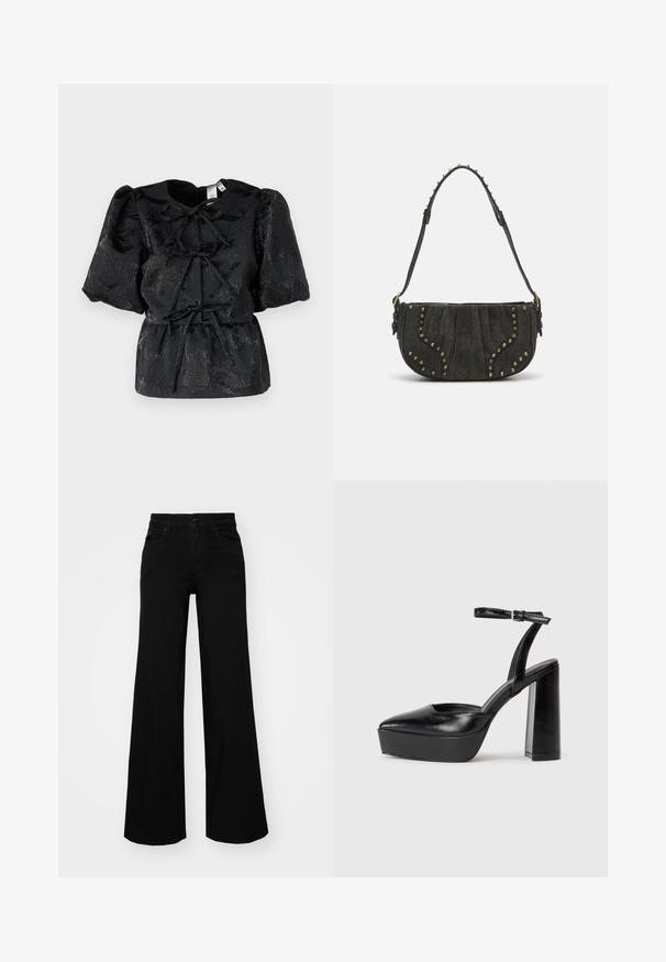Top nero con maniche a sbuffo corte, caratterizzato da un motivo floreale testurizzato e una vita con cordoncino. Realizzato in un tessuto lucido con un delicato scintillio.; Pantaloni neri a gamba larga in denim, con una vita strutturata, passanti per la cintura e tasche frontali. Texture liscia con un design classico.; Tacchi a piattaforma neri con punta appuntita e cinturino regolabile alla caviglia. Realizzati in pelle liscia, presentano un tacco a blocco spesso.; Borsa a tracolla nera in suede con design curvo, caratterizzata da dettagli in rivetti e superficie testurizzata. Tracolla regolabile con dettagli a borchia lungo il bordo.