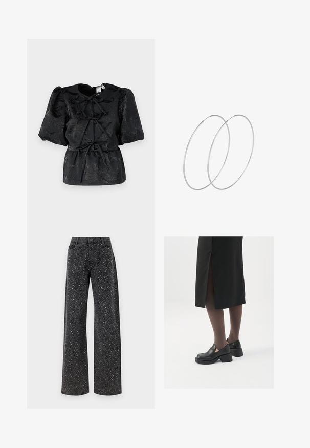 Črna majica s kratkimi pufastimi rokavi, ki ima teksturiran cvetlični vzorec in pas s vrvico za zategovanje. Narejena je iz sijočega materiala z rahlim sijajem.; Noisy May NMJANNEL LOOSE - Široke kavbojke - black denim; Črne usnjene čevlje s zaobljenim prstom, debelim blokastim petama in elastičnimi stranskimi detajli, v kombinaciji s temno nogavicami in črno krilo z razporkom.; Srebrne uhane v obliki obroča z minimalističnim dizajnom. Krožna oblika, gladka tekstura in tanek profil. Lahki s poliranim zaključkom.