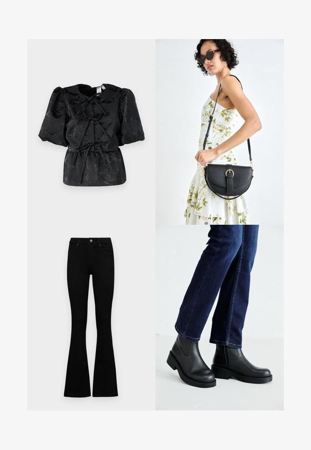 Black top with short puff sleeves, featuring a textured floral pattern and a drawstring waist. Made from a shiny fabric with subtle shimmer.; Black high-waist jeans with a button and zip closure, front pockets, and flared legs laid flat on a white background.; Black leather ankle boots with a chunky sole and side elastic panels, paired with dark blue jeans. The ground is light-colored.; Black leather handbag with a curved shape, detachable strap, and gold hardware. The bag features a flap with a buckle detail.