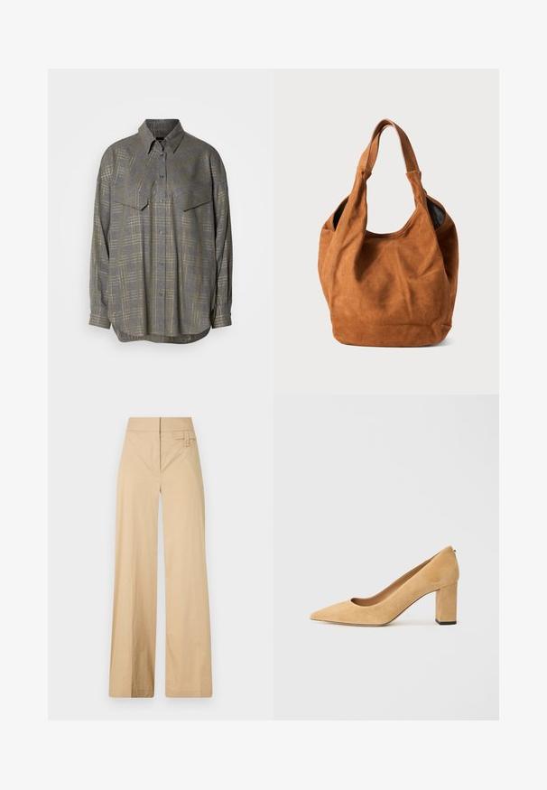 Szürke gombos ing, amely texturált anyagból készült, világosabb árnyalatú rácsos mintával, gallérral és két mellzsebbel rendelkezik.; Beige színű, bővülő lábú nadrág kevert pamut anyagból. Simás textúrával, elasztikus derékpánttal és oldalsó gombos díszítéssel rendelkezik.; Beige velúr magassarkú cipő, hegyes orral és tömzsi sarokkal. Az anyag puha tapintású, sima felületű.; Barna velúr válltáska puha textúrával, ívelt formával és két füllel. Jellemzője a minimalista dizájn, amelyen nincsenek látható fémrészletek vagy díszítések.