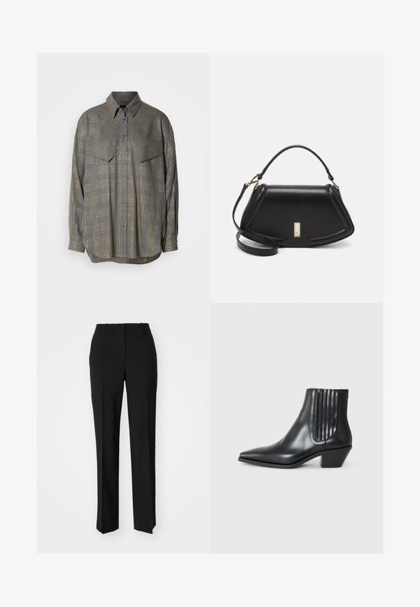 Gray button-up shirt made of textured fabric, featuring a grid pattern in lighter shades, a collar, and two chest pockets.; Black tailored trousers with a straight-leg design, featuring a smooth texture and crisp creases along the front. No visible hardware.; Black leather ankle boot with pointed toe, elastic side panels with vertical grooves, and a low block heel. Smooth texture and sleek design.; Black leather handbag with a structured design, featuring a cropped shape, top handle, and gold hardware accent. Adjustable shoulder strap included.