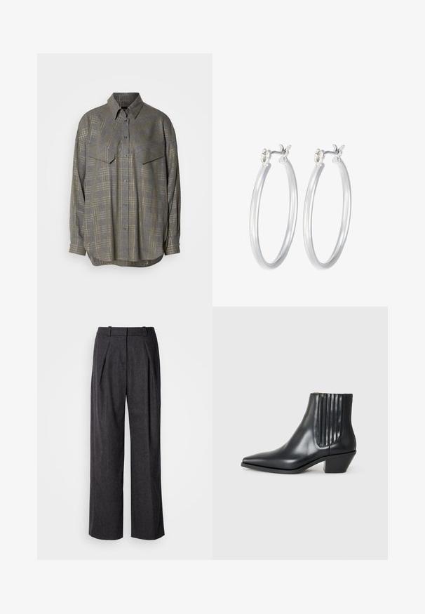 Gray button-up shirt made of textured fabric, featuring a grid pattern in lighter shades, a collar, and two chest pockets.; Dark gray wide-leg trousers with a textured fabric, featuring front pleats and a classic waistband design. No visible pockets.; Black leather ankle boot with pointed toe, elastic side panels with vertical grooves, and a low block heel. Smooth texture and sleek design.; Silver hoop earrings with a smooth, polished finish. Round shape and secure click-top closure. Lightweight design suitable for everyday wear.