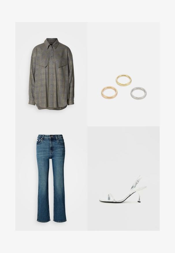 Šedá košile na knoflíky vyrobená z texturované látky, s mřížkovým vzorem v světlejších odstínech, límečkem a dvěma náprsními kapsami.; Džínsy s vysokým pasem modré barvy vyrobené z denimu, s rovnými nohavicemi, mírným vyblednutím a standardním zapínáním na knoflík a zip.; Stříbrná lakovaná kožená sandálová obuv na vysokém podpatku s úzkým pásem na prstech, nastavitelnou sponou a štíhlým podpatkem.; Tři kovové prsteny: jeden růžově zlatý, jeden zlatý s texturovanými detaily a jeden stříbrný, všechny s vyrytým brandingem na vnitřním boku.