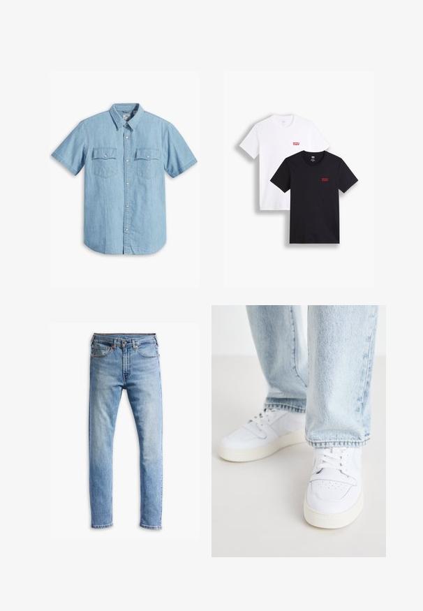 Svetlo modra kratkoročna srajca s kratkimi rokavi, izdelana iz denima, z dvema žepoma na prsih z navpičnim šivom in klasičnim ovratnikom.; Dve majice s kratkimi rokavi: ena bela in ena črna. Obe iz bombaža s rdečim logotipom Levi's na prsih. Preprost dizajn s krožnim izrezom.; Svetlo modri kavbojki z ravnim krojem, petimi žepi, gumbom za zapiranje in subtilnim zbledelostjo po tkanini.; Bela usnjena nizka športna obutev z perforiranim prstom, ravnimi vezalkami in minimalističnim dizajnom. Ujemajo se z svetlo modrimi kavbojkami.