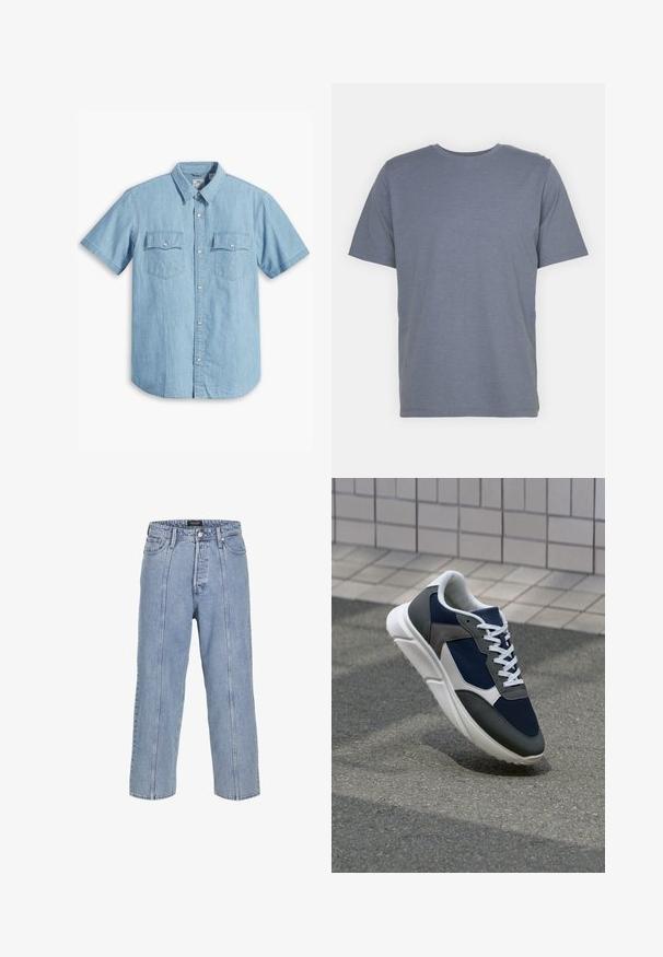 Svetlomodrá krátko rukávová košeľa na gombíky z denimu, s dvoma náprsníkovými vreckami vertikálnym prešívaním a klasickým golierom.; Šedé tričko s krátkymi rukávmi a okrúhlym výstrihom, vyrobené z jemnej bavlnenej zmesi. Jednoduchý dizajn, bez vzorov alebo akcentov.; Svetlo modré denimové nohavice s voľným strihom, širokými nohavicami a viditeľnými šitými detailmi. Obsahujú zapínanie na gombík a zips, päť vreciek.; Tenisky s sieťovinou v námorníckej modrej farbe, so sivými semišovými detailmi, bielou gumovou podrážkou a plochými bielymi šnúrkami, navrhnuté pre pohodlie a priedušnosť.