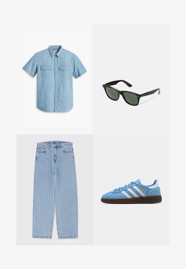 Camicia azzurra a maniche corte con bottoni, realizzata in denim, con due tasche sul petto con cuciture verticali e colletto classico.; Jeans in denim azzurro chiaro con design a gamba dritta, caratterizzati da una vita media, cinque tasche e chiusura con bottone e zip.; Sneakers in suede azzurro chiaro con strisce in pelle bianca, suola marrone texturizzata e dettaglio logo dorato. Design basso con punta tonda.; Occhiali da sole in plastica nera con lenti verdi, montatura quadrata, dettaglio argento sulla parte superiore e steli con texture. Marchio indicato sulla parte interna dello stelo.