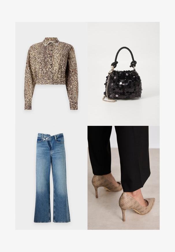 Kuttet skjorte i beige med brun dyremønster, lange ermer, knappes front og utsmykkede kragedetaljer. Myk tekstur.; Lyseblå denim flared jeans med høy midje, med to knapper og frontlommer. Stoffet har en falmet tekstur med subtile variasjoner.; Beige høyhælte sko med teksturert stoff som har et gjentatt mønster. Spiss tådesign med bakdetalj og gullhelsjekk.; Svart paljettmini-veske med en knyttet teksturert stropp og sølvkjede. Rund form med samlet topp og reflekterende detaljer.