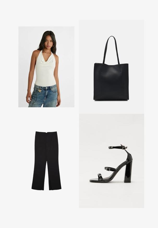 Valkoinen hihaton bodysuit, jossa on kauniisti laskostettu kaula-aukko, yhdistettynä vaaleansinisiin löysiin farkkuihin, joissa on sydämenmuotoinen helmi vyölenkissä.; Mustat housut suoralinjaisella leikkauksella, joissa on etutaskut ja sivurei'ät helman alla. Valmistettu pehmeästä ja sileästä kankaasta. Sopii eri tilaisuuksiin.; Musta kiiltävä korkokenkä sandaalit neliönmuotoisella varpaalla, nilkkaremmillä ja hopeisilla soljilla. Varustettu tukevalla lohkokorkealla vakauden takaamiseksi.; Mustapahkainen kangaskassi, jossa on sileä pinta, suorakaiteen muotoinen ja kaksi pitkää kahvaa. Ei näkyvää metalliosaa tai koristeita.