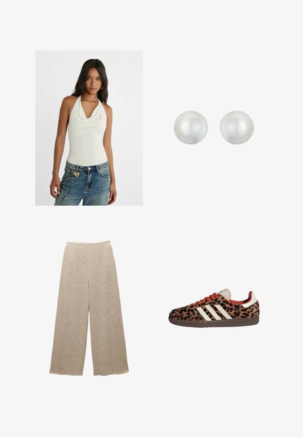 Witte mouwloze bodysuit met een drapering aan de hals, gecombineerd met lichtblauwe baggy spijkerbroek met een hartvormige charme aan de riemlus.; Beige wijde broek van een gestructureerde stof met een subtiel patroon. Heeft een relaxte tailleband en een losse pasvorm, wat comfort en gemak biedt.; Leopardprint sneakers van suède met rode veters en drie witte strepen aan de zijkant. Bevat een crèmekleurige tong en een bruine zool.; Ronde, witte pareloorbellen met een gladde, glanzende oppervlakte. Elke parel vertoont een subtiele glans en heeft een uniforme vorm, geschikt voor formele gelegenheden.