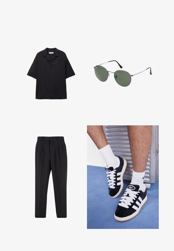 Košile s krátkým rukávem, černá, vyrobená z hladkého materiálu, s skládacím límečkem a volným střih. Obsahuje pět předních knoflíků a žádné vzory.; Černé kalhoty s plisovaným předním designem, vyrobené z hladké tkaniny. Obsahují zapínání na knoflík a poutka na opasek; rovný střih.; Černé semišové tenisky s bílými tkaničkami a třemi bílými pruhy. Mají kulatou černou logo na jazyku a gumovou podrážku.; Sluneční brýle s kovovým rámem a oválnými zelenými skly. Tenký stříbrný kovový rám a černé chrániče uší. Minimalistický design, žádné viditelné logo.
