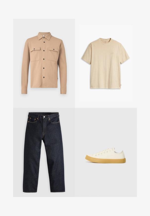 Svetlo bež srajčna jakna iz teksturirane tkanine, z izrazitim ovratnikom, dolgimi rokavi, dvema žepoma na prsih in črnimi pritisnimi gumbi.; Bež majica s kratkimi rokavi iz bombaža z okroglim izrezom. Na prsih ima subtilen logotip "Levi's" v isti barvi. Mehka tekstura.; Temno modri kavbojki s ravnim krojem, petimi žepi, kontrastnim oranžnim šivom in gumbom za zapiranje. Brez vidnih vzorcev ali okraskov.; Platnene superge v off-white barvi z okroglim nosom, z bež gumijastimi podplati in petimi odprtinami za vezalke, z zrnato površino na zgornjem delu.