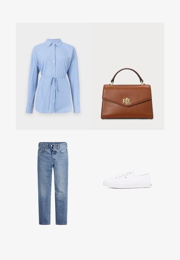 Koszula zapinana na guziki w jasnoniebieskim kolorze z białymi pionowymi paskami. Posiada kołnierzyk, długie rękawy oraz ściągacz w talii dla lepszego dopasowania.; Jasnoniebieskie jeansy denimowe o prostym kroju, z pięcioma kieszeniami i zapięciem na guziki. Charakteryzują się delikatnym wyblaknięciem oraz pomarańczowymi przeszyciami.; Białe płócienne sneakersy z złotymi oczkami, płaskimi sznurowadłami, teksturowaną gumową podeszwą i minimalnym logo po bokach. Niska sylwetka.; Brązowa skórzana torebka o strukturalnym designie, z górnym uchwytem, złotymi akcentami metalowymi i logo na przodzie. Gładka tekstura.