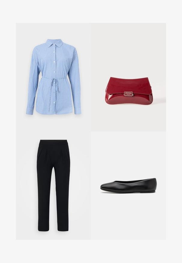 Button-up blouse in light blue with white vertical stripes. Features a collar, long sleeves, and a drawstring waist for shaping.; Black, wide-leg trousers made of smooth fabric. Features an elastic waistband and two front pleats. No visible patterns or hardware.; Paul Smith TOPANGA - Ballet pumps - black; Red patent leather clutch bag with a curved design, fold-over flap, and a metal logo accent on a silver plaque. Smooth, shiny texture.