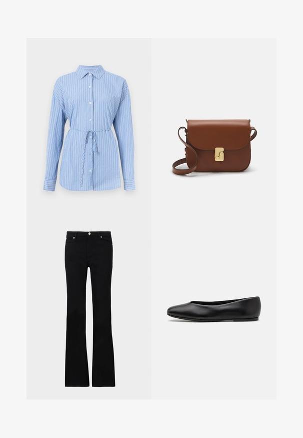 Button-up blouse in light blue with white vertical stripes. Features a collar, long sleeves, and a drawstring waist for shaping.; Black flared jeans made of denim, featuring two front pockets, a button closure, and a smooth texture. Signature stitching visible at seams.; Paul Smith TOPANGA - Ballet pumps - black; Brown leather handbag with a flap closure, gold-tone hardware, a shoulder strap, and a smooth texture. Compact rectangular shape.