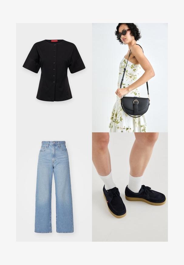 MAX&Co. ROSALBA - Pluus - schwarz; Heledad sinine kõrge vöökohaga laiad teksad, ees nupp ja tõmblukk, ees ja taga taskud, valge tausta peal.; Tumedast sinise sametist kingad ümmarguse varbaga, lipse sokkidega ja kreemika kummitaldaga. Komplekteeritud valgete soonikkudega lühikeste sokkidega.; Mustmust mustraha kõverate joontega, eemaldatava rihmaga ja kuldsete detailidega. Kotil on klapp, millel on pandladetail.