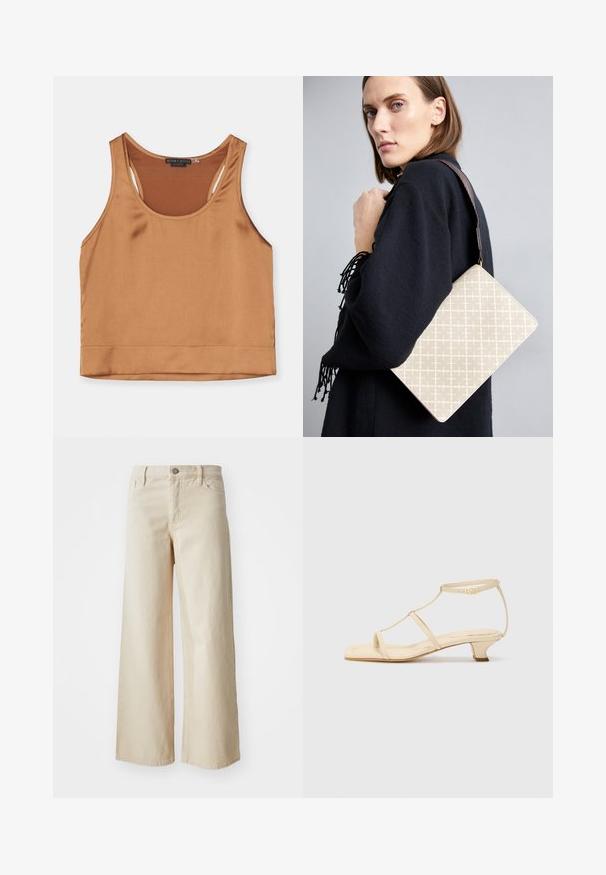 Alice + Olivia AVRIL BOXY TANK - Top - camel; Beige wide-leg jeans made of denim, featuring a high waist, button closure, belt loops, and side pockets. Smooth texture and relaxed fit.; Beige heeled sandals with a T-strap design, square toe, adjustable ankle strap, and a low, block heel. Smooth leather material.; Beige patterned shoulder bag with a structured shape, featuring a brown textured strap. Worn on a model against a gray background.