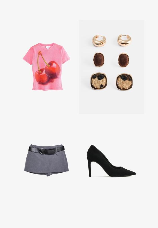 Vaaleanpunainen lyhythihainen T-paita, jossa on grafiikka kahdesta kiiltävästä punaisesta kirsikasta vihreine varsineen, valmistettu kevyestä, läpikuultavasta materiaalista.; Harmaat kangashousut, joissa on istuva vyötärö, varustettuna mustalla nahkavyöllä ja soljella. Sileä pinta, muotoiltu muotoilu ja suora leikkaus.; Mustat mokkanahka korkeakorkoiset korkokengät kärjellä, sileä pinta ja tyylikäs siluetti; varusteena on stiletto-korko ja minimalistinen muotoilu.; Kulta-sävyiset korvakorut sisältävät kaksi renkaista tyyliä ja kaksi nappikorua. Yhdessä nappikorussa on ruskea kangasviimeistely; toisessa on leopardikuosiset pinnat.