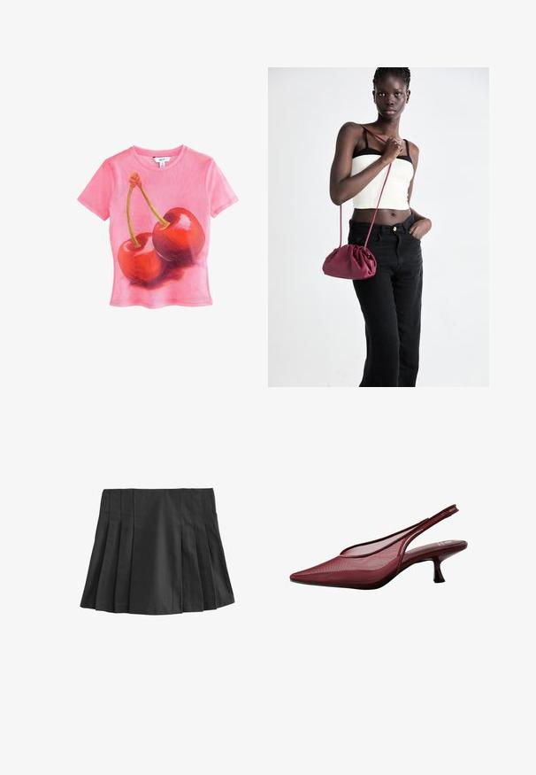 Rožinė trumpomis rankovėmis marškinėliai, kuriuose pavaizduoti du blizgūs raudoni vyšnių vaisiai su žaliais stiebais, pagaminti iš lengvo, permatomo audinio.; Juoda klostuota mini sijonas su elastingu juosmeniu. Pagamintas iš lygios medžiagos, turi daugybę vertikalių klosčių tekstūrai ir dizainui.; Bordo slingback aukštakulniai bateliai su smailiu pirštu ir tinklo viršumi. Ypatingas plonas kulnas ir išpjovimo dizainas suteikia elegantišką siluetą.; Bordo minkštas audinys rankinukas su susiraukšlėjimu ir ilgu dirželiu, dėvimas per kūną. Modelis vilki baltą trumpą palaidinę ir juodas džinsus.