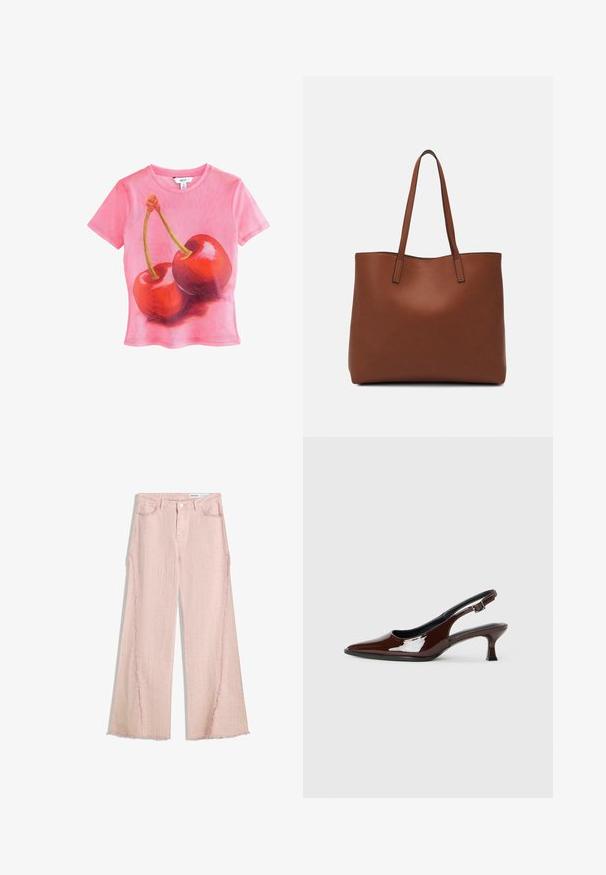 T-shirt rose à manches courtes avec un graphique de deux cerises rouges brillantes aux tiges vertes, fabriqué à partir d'un matériau léger et transparent.; Jean larges rose clair avec une finition texturée, ourlet effiloché et design à cinq poches. Comprend une fermeture à bouton et des passants de ceinture.; Chaussure slingback en cuir verni marron avec un bout pointu et un talon modéré. Elle est dotée d'une sangle à boucle pour un ajustement sécuritaire. Texture lisse.; Sac fourre-tout en cuir marron avec une texture lisse, design à ouverture supérieure et deux poignées pour le porter à l'épaule. Présente des coutures minimales et aucun matériel visible.