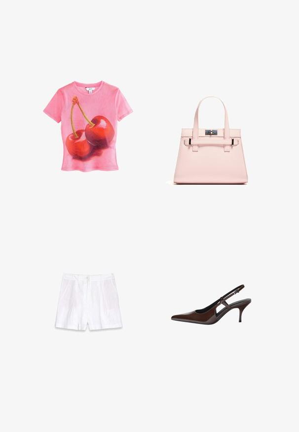Roze T-shirt met korte mouwen met een graphic van twee glanzende rode kersen met groene steeltjes, gemaakt van een lichtgewicht, doorschijnend materiaal.; Witte linnen shorts met geplooide voorkant, zijzakken en opgerolde mouwen. Voorzien van een knoopsluiting bij de taille voor een veilige pasvorm.; Bruine gepatenteerde leren slingback pump met een spits toelopende neus, open uitsparingen en een dunne hak. Voorzien van een verstelbare gesp.; Roze gestructureerde handtas van textuurleer, met twee bovenhandvaten, een klapsluiting en contrasterende metalen accenten.