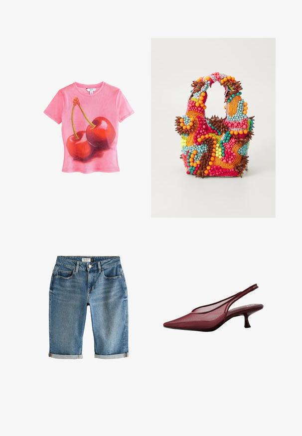 Różowa koszulka z krótkim rękawem z grafiką dwóch błyszczących czerwonych wiśni z zielonymi łodygami, wykonana z lekkiego, przezroczystego materiału.; Niebieskie dżinsowe szorty do kolan z podwiniętym brzegiem, pięcioma kieszeniami i metalowym zapięciem. Materiał ma lekko wyblakły wygląd.; Burgundowe sandały na obcasie z odkrytą piętą, z wąskim czubkiem i siateczkowym wierzchem. Posiadają smukły obcas oraz wycięcia, co zapewnia elegancki zarys.; Torebka z koralikami w żywych kolorach: różowym, pomarańczowym, niebieskim i brązowym. Teksturowana powierzchnia z okrągłymi koralikami i organicznymi kształtami, mocne uchwyty.