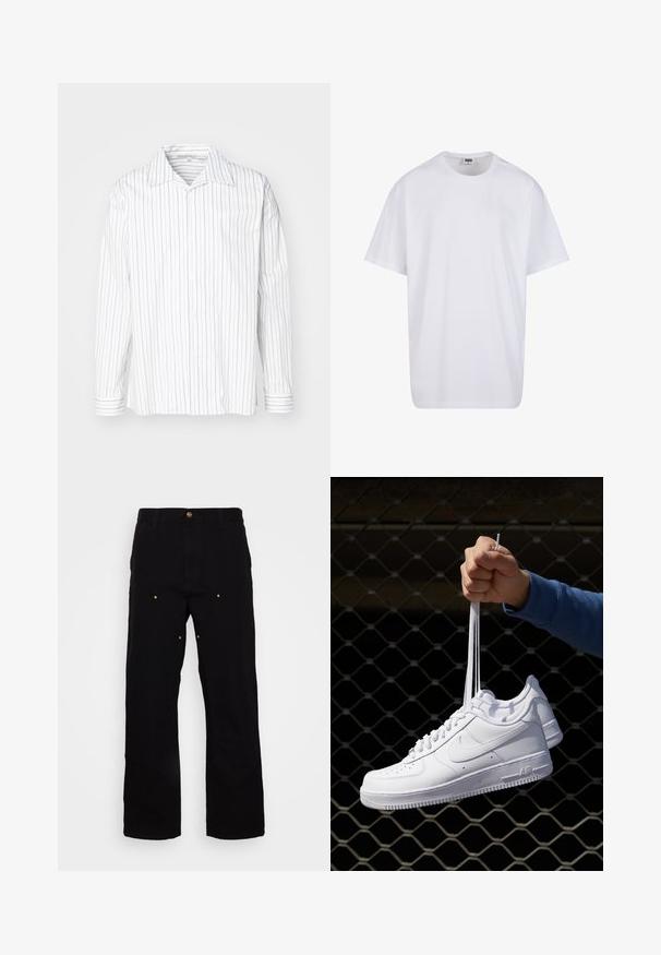 Wit overhemd met lange mouwen en smalle, verticale grijze strepen, met een puntige kraag en manchet met een bijpassend streeppatroon.; Witte katoenen t-shirt met korte mouwen, ronde hals, relaxte pasvorm en zonder zichtbare logo's of patronen. Gladde textuur en minimalistisch ontwerp.; Zwarte denim broek met een recht-pijp ontwerp, voorzien van gouden hardware accenten en zichtbare stiksels op de voor- en achterzakken.; Witte leren sneakers met perforaties, ronde neus, vlakke zool en dikke veters, met een zichtbare swoosh-logo en "AIR" op de hiel.