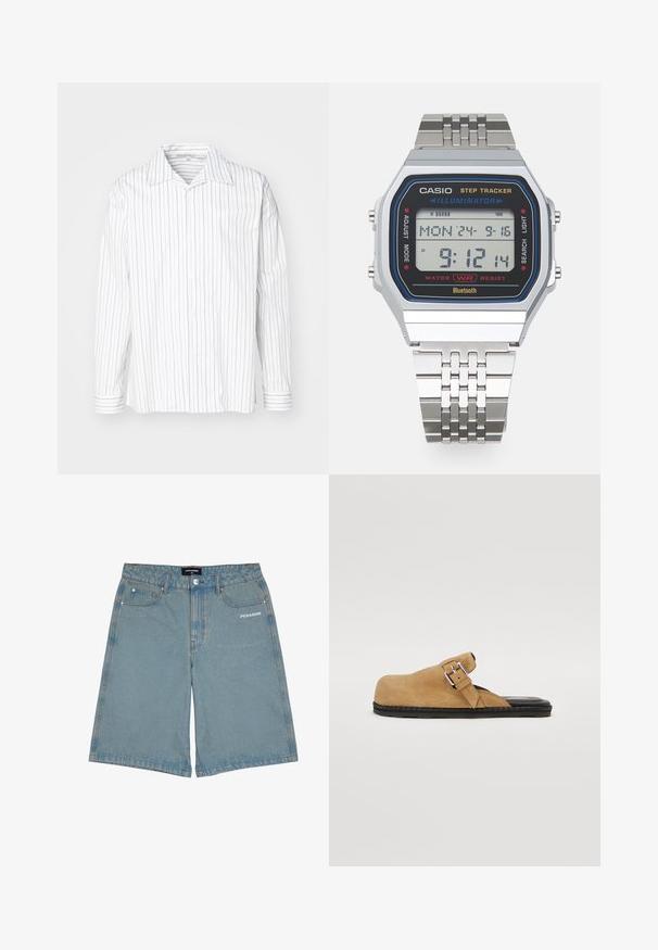 Camisa de manga larga abotonada en blanco con finas franjas verticales grises, con cuello puntiagudo y puños que presentan un patrón de franjas a juego.; Pantalones cortos de mezclilla azul claro con un corte holgado, dos bolsillos delanteros y un estampado de logo blanco en la pierna izquierda. Los bordes están cortados a raw.; Zapato tipo slip-on de ante marrón con suela plana negra, que cuenta con una correa con hebilla para ajustarlo y un forro interior suave.; Casio STEP TRACKER UNISEX - Reloj digital - silver-coloured