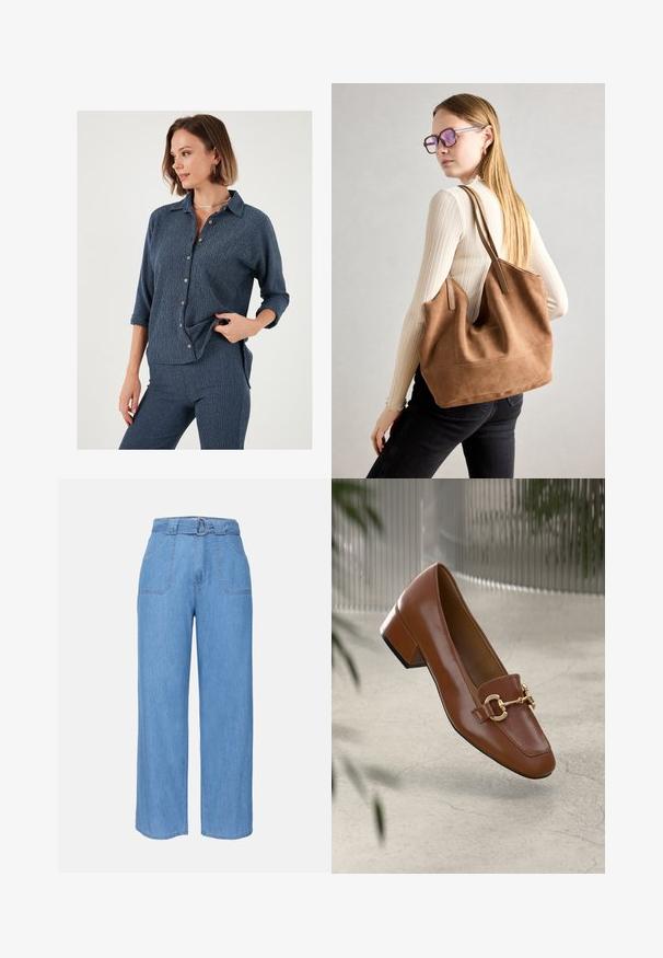 Jūrinės mėlynos spalvos marškiniai su apykakle, lengvas kirpimas, tekstūruota medžiaga ir sukritę rankovės. Savybės - kontrastinės sagos ir apykaklė.; Šviesiai mėlynos džinsinio audinio plačios kojinės kelnės su diržu, dviem priekinėmis kišenėmis ir lygiu paviršiumi. Pasižymi minimalistiniu dizainu ir švariomis linijomis.; Rudi lakinės odos loafer'iai su kvadrato formos nosimi, metalinėmis grandinėlių detalėmis ir žemu blokiniu kulnu; sklandus tekstūra, minimalistinis dizainas.; Ruda zomšos rankinė su minkšta tekstūra, dideliu atidarymu ir ilgomis diržais. Pasižymi paprastu dizainu, matomomis siūlėmis ir be aksesuarų.