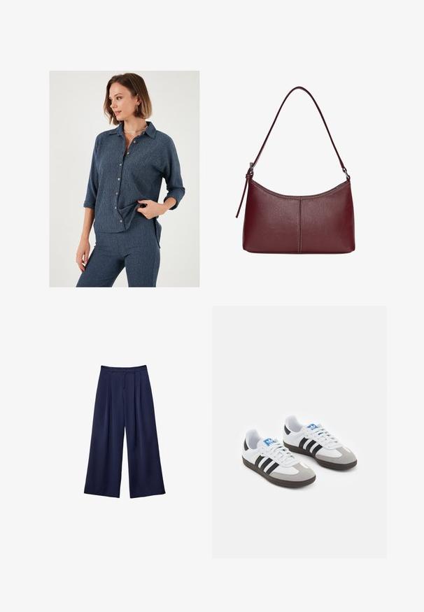 Navy Button-Up-Hemd mit lockerer Passform, strukturiertem Stoff und hochgekrempelten Ärmeln. Verfügt über kontrastierende Knöpfe und einen Kragen.; Marineblaue weite Hosen mit Falten, Knopfverschluss und Gürtelschlaufen, flach auf einem weißen Hintergrund präsentiert.; Sportschuhe mit einem Obermaterial aus weißem Leder, grauer Wildleder-Zehenkappe und drei schwarzen Streifen. Sie verfügen über ein blaues Logo auf der Zunge und eine strukturierte Gummisohle.; Bordeauxfarbene Ledertasche mit geschwungener Form, einem einzigen Schulterriemen und gesteppten Details in der Mitte. Glatte Textur, minimales Zubehör.
