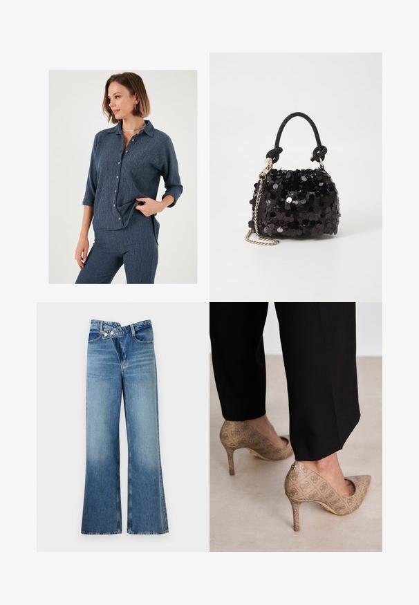 Námornícka košeľa na gombíky s uvoľneným strihom, textúrovanou tkaninou a vyhrnutými rukávmi. Obsahuje kontrastné gombíky a golier.; Svetlomodré denimové nohavice s rozšírenými nohavicami a vysokým pásom, so dvoma gombíkmi a prednými vreckami. Materiál má vyblednutú textúru s jemnými variáciami.; Béžové lodičky na vysokom opätku s textúrovanou tkaninou a opakujúcim sa vzorom. Dizajn so špicatou špičkou, zadným akcentom a zlatým detailom na opätku.; Čierna mini kabelka so štrasom, s uzlovým textúrovaným popruhom a strieborným reťazom. Guľatý tvar s riaseným vrchom a reflexnými detailmi.