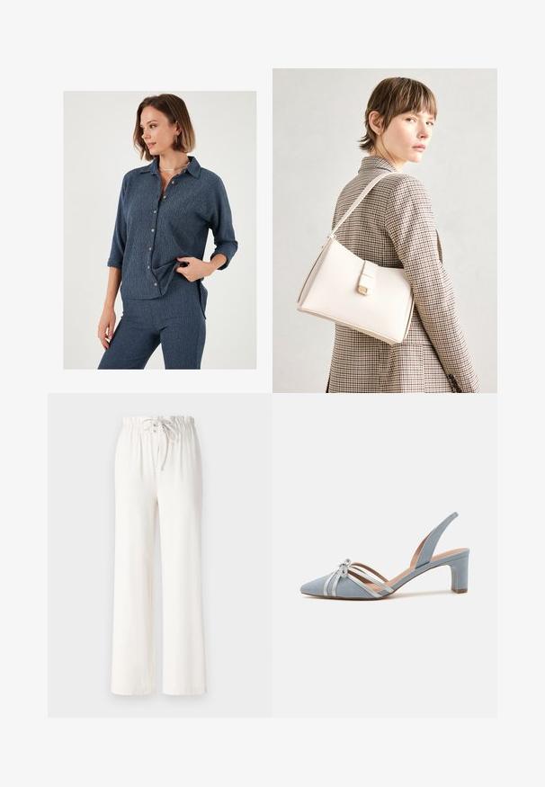 Marineblauwe button-up shirt met een relaxte fit, gestructureerde stof en opgerolde mouwen. Voorzien van contrasterende knopen en een kraag.; Witte wijde broek van zacht materiaal, met een tailleband met trekkoord en een gladde textuur. Geen patronen of versieringen zichtbaar.; Lichtblauwe suède slingback-schoenen met spitse neus, zilveren accenten en banden, met een lage blokhak en decoratieve strikdetails.; Witte leren handtas met een gestructureerd ontwerp, voorzien van een magneetsluiting en een schouderriem, tentoongesteld tegen een neutrale achtergrond.