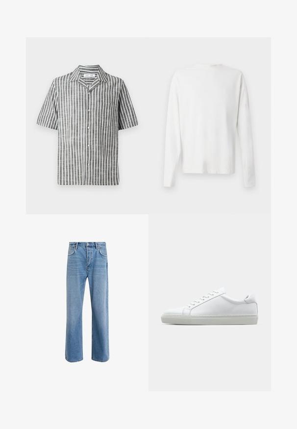 Camisa de manga corta con un patrón de rayas verticales en gris y blanco, con un cierre de botones al frente y un bolsillo a la izquierda. Fabricada con una tela texturizada.; Camisa de algodón blanca de manga larga con cuello redondo, aberturas laterales en la parte inferior y una textura suave, exhibida desde la parte de atrás.; Jeans de mezclilla azul claro con un diseño de pierna recta, cinco bolsillos, cierre de botón, ligeramente desgastados y detalles de costura en contraste.; Zapatilla blanca con parte superior de cuero liso y perfil bajo. Presenta una puntera redondeada, seis ojales y una suela de goma texturizada.