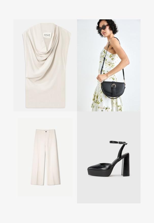 Top beige chiaro con scollo drappeggiato, realizzato in tessuto morbido. Presenta una leggera lucentezza e una linea ampia senza maniche. L'etichetta riporta "TOVE."; Pantaloni larghi color crema con design sartoriale, dotati di due tasche frontali e una chiusura con bottone anteriore, realizzati in tessuto liscio.; Tacchi a piattaforma neri con punta appuntita e cinturino regolabile alla caviglia. Realizzati in pelle liscia, presentano un tacco a blocco spesso.; Borsa a tracolla nera in pelle con una forma curva, manico rimovibile e accessori dorati. La borsa presenta una patta con un dettaglio a fibbia.