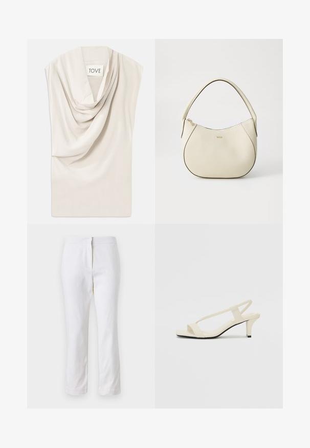Top beige chiaro con scollo drappeggiato, realizzato in tessuto morbido. Presenta una leggera lucentezza e una linea ampia senza maniche. L'etichetta riporta "TOVE."; Pantaloni bianchi in cotone con design a gamba dritta, caratterizzati da una vita a media altezza e senza hardware o motivi visibili. Tessuto liscio su tutta la superficie.; Sandali con tacco a blocco beige, con sottili cinturini e punta quadrata. Materiale liscio con dettagli minimi, progettati per un facile utilizzo.; Borsa color crema con una finitura testurizzata, forma curva, manico corto e dettaglio del logo in tonalità oro. Chiusura con zip nella parte superiore.