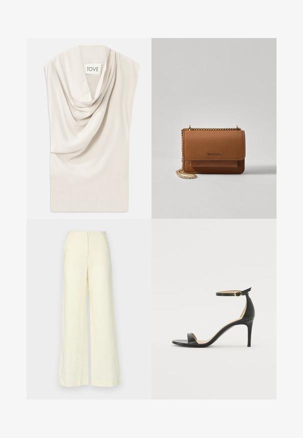 Világos bézs felső, drapériás nyakkivágással, puha anyagból készült. Finom fényt ad, széles, ujjatlan kialakítással rendelkezik. A címke szerint "TOVE."; Faithfull the brand LULEA PANT - Nadrágok - white; Fekete bőr magassarkú szandál bokapánttal. Simább textúrájú, nyitott orrú és vékony sarkú. Arany színű csat részlet.; Barna textúrájú bőr keresztbody táska arany lánc pánttal és fedélzárral. Az elején logó részlet és egy zseb található a fedél alatt.