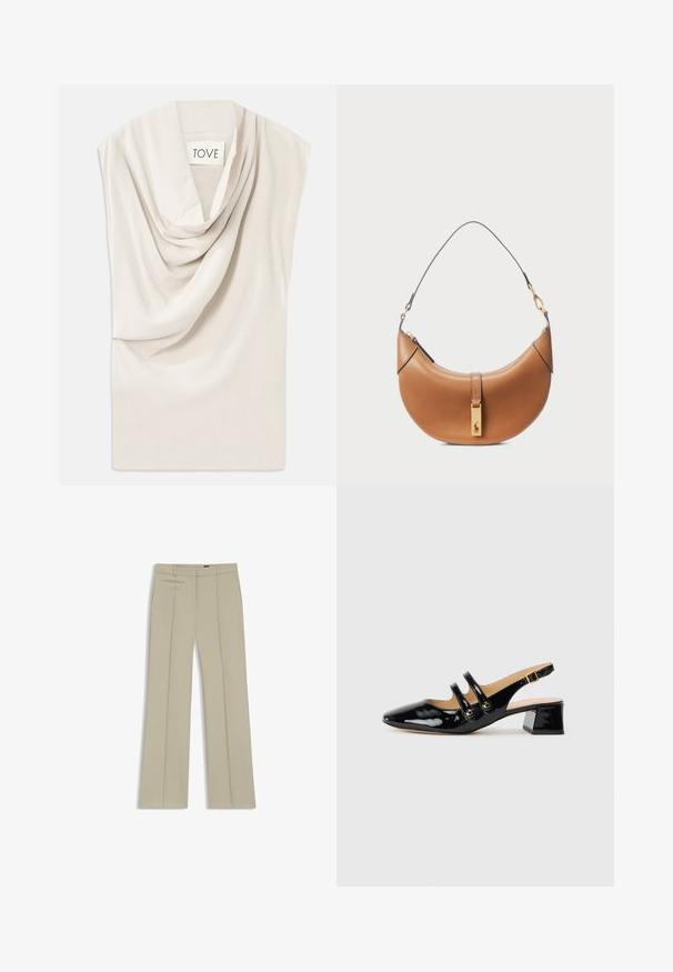 Lichtbeige top met gedrapeerde halslijn, gemaakt van zachte stof. Heeft een subtiele glans en een brede, mouwloze ontwerp. Label leest "TOVE."; Beige op maat gemaakte broeken met wijde benen, voorplooien, twee horizontale zijzakken en een gladde, licht gestructureerde stof.; Zwarte patenten leren slingback schoenen met een spitse neus, twee bandjes, gouden ronde accenten en een lage blokhak.; Tan leren handtas met een gebogen vorm, gouden hardware en een dunne schouderriem. Beschikt over een ritsluiting en logo-detail aan de voorkant.