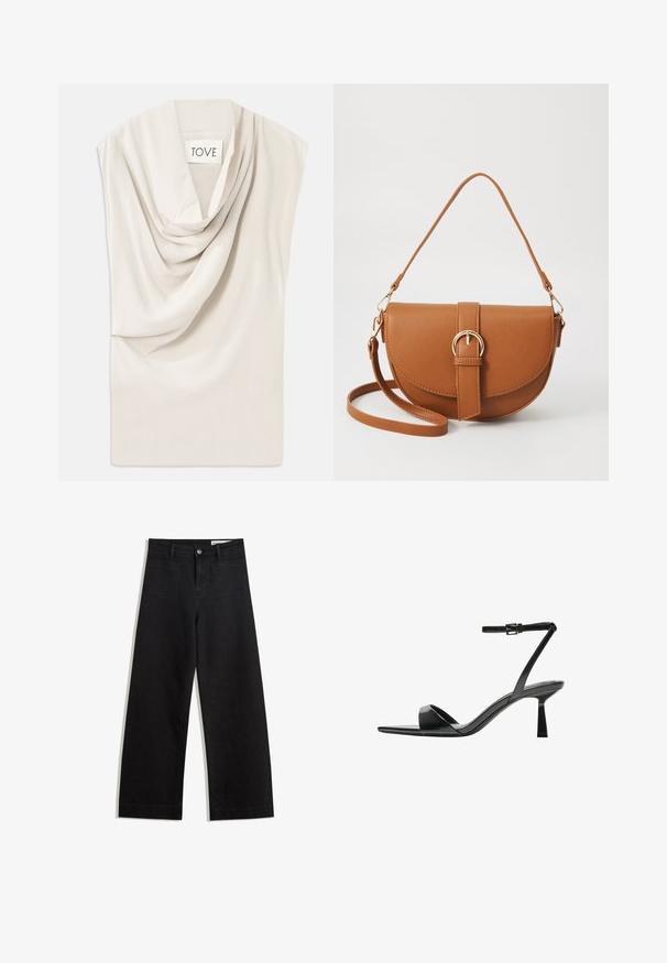 Lys beige top med draperet halsudskæring, lavet af blødt stof. Har en subtil glans og bred, ærmeløs design. Etiketten siger "TOVE."; Sorte wide-leg denim bukser med høj talje, der har front- og baglommer, syede sømme og en knaplukning. Glat tekstur.; Bershka Højhælede sandaletter / Højhælede sandaler - black; Brun læder crossbody taske med en buet form, guldfarvet hardware og en spændeaccent. Har en aftagelig skulderrem.