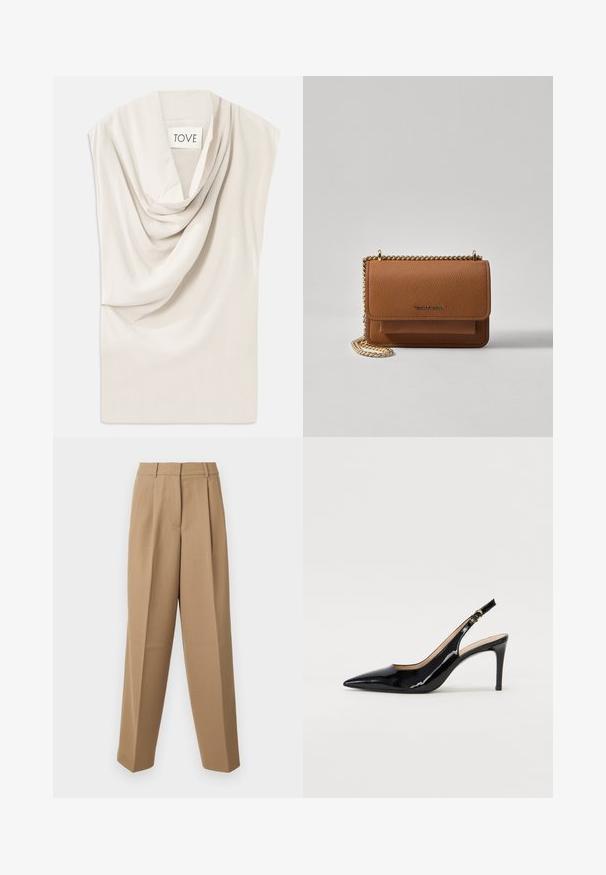 Lichtbeige top met gedrapeerde halslijn, gemaakt van zachte stof. Heeft een subtiele glans en een brede, mouwloze ontwerp. Label leest "TOVE."; Beige op maat gemaakte broek met een hoge taille, geplooide voorkant en wijde pijpen. De stof lijkt glad met een lichte glans.; Zwarte gepatineerde leren slingback pump met een puntige neus, slanke hak en een subtiel uitgesneden ontwerp. Bevat een gouden gesp op de band.; Bruine lederen schoudertas met textuur, voorzien van een gouden kettingstrap en klepsluiting. De voorkant heeft een logo-detail en een zak onder de klep.