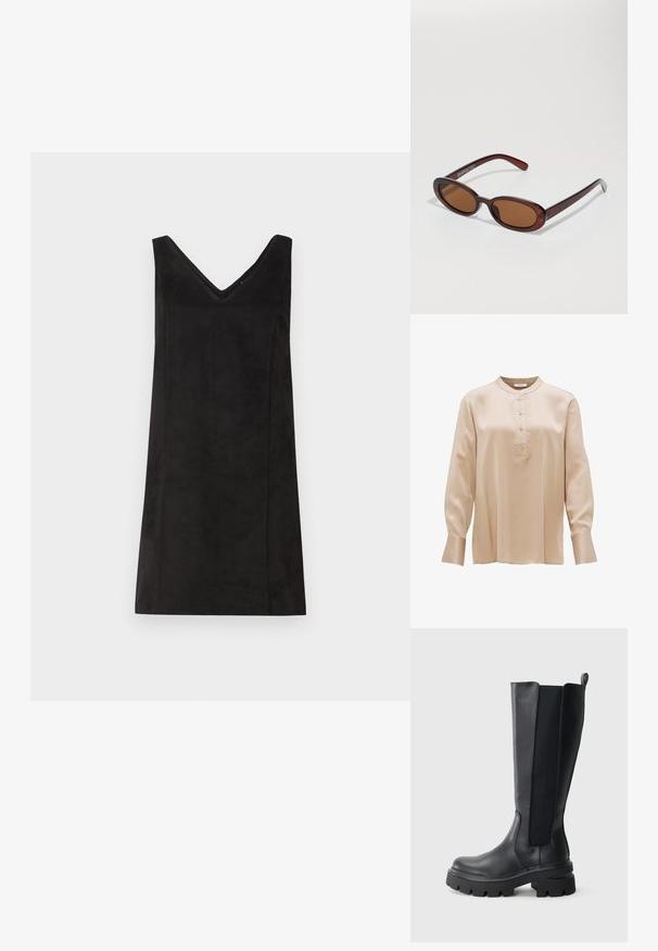 Blusa in satin beige con colletto alto, maniche lunghe e un bottone centrale con cinque bottoni. Tessuto morbido, vestibilità comoda e polsini.; Abito nero senza maniche con scollo a V, realizzato in un materiale morbido, caratterizzato da una linea dritta e da dettagli minimi. Texture liscia.; Stivali neri al ginocchio in pelle liscia con pannelli laterali elastici a contrasto. Suola in gomma robusta con battistrada pronunciato.; Occhiali da sole rotondi con tonalità marrone, montatura lucida color bordeaux. Aste sottili con un sottile dettaglio del marchio. Design delle lenti piatte.; Borsa a mano in pelle borgogna intrecciata con corpo arrotondato, manico spesso e apertura con cerniera. Presenta una texture liscia e un motivo intrecciato.