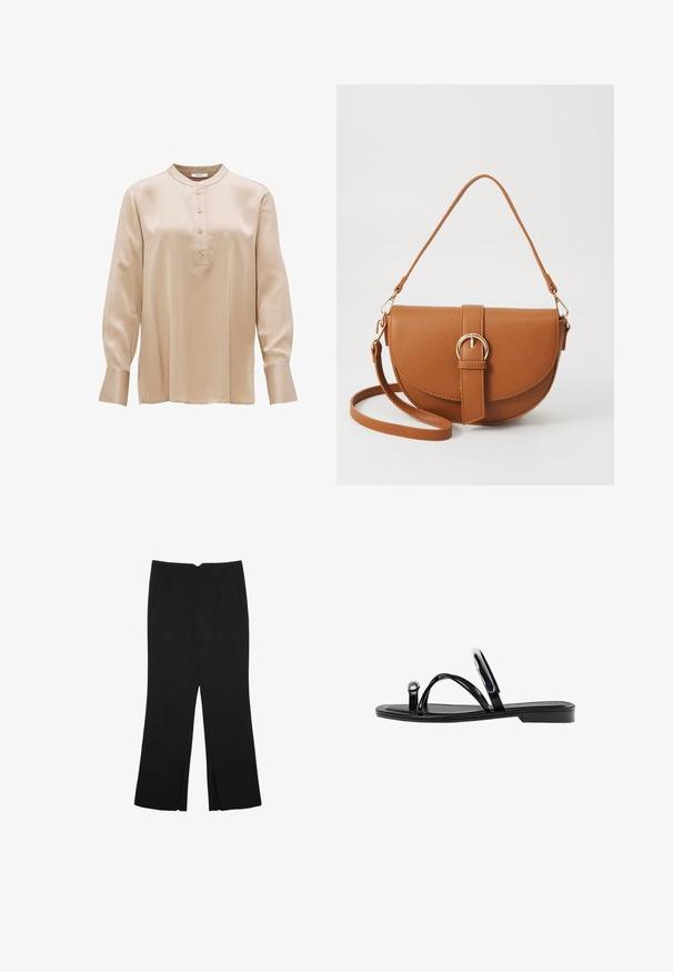 Blusa in satin beige con colletto alto, maniche lunghe e un bottone centrale con cinque bottoni. Tessuto morbido, vestibilità comoda e polsini.; Pantaloni neri a gamba dritta, con tasche frontali e spacchi laterali all'orlo. Realizzati in tessuto morbido e liscio. Adatti a diverse occasioni.; Infradito neri con una finitura lucida, tre sottili cinturini e un dettaglio hardware circolare sulla punta. Design elegante con un tacco minimale.; Borsa a tracolla in pelle marrone con forma curvata, hardware dorato e un dettaglio con fibbia. Presenta una tracolla rimovibile.